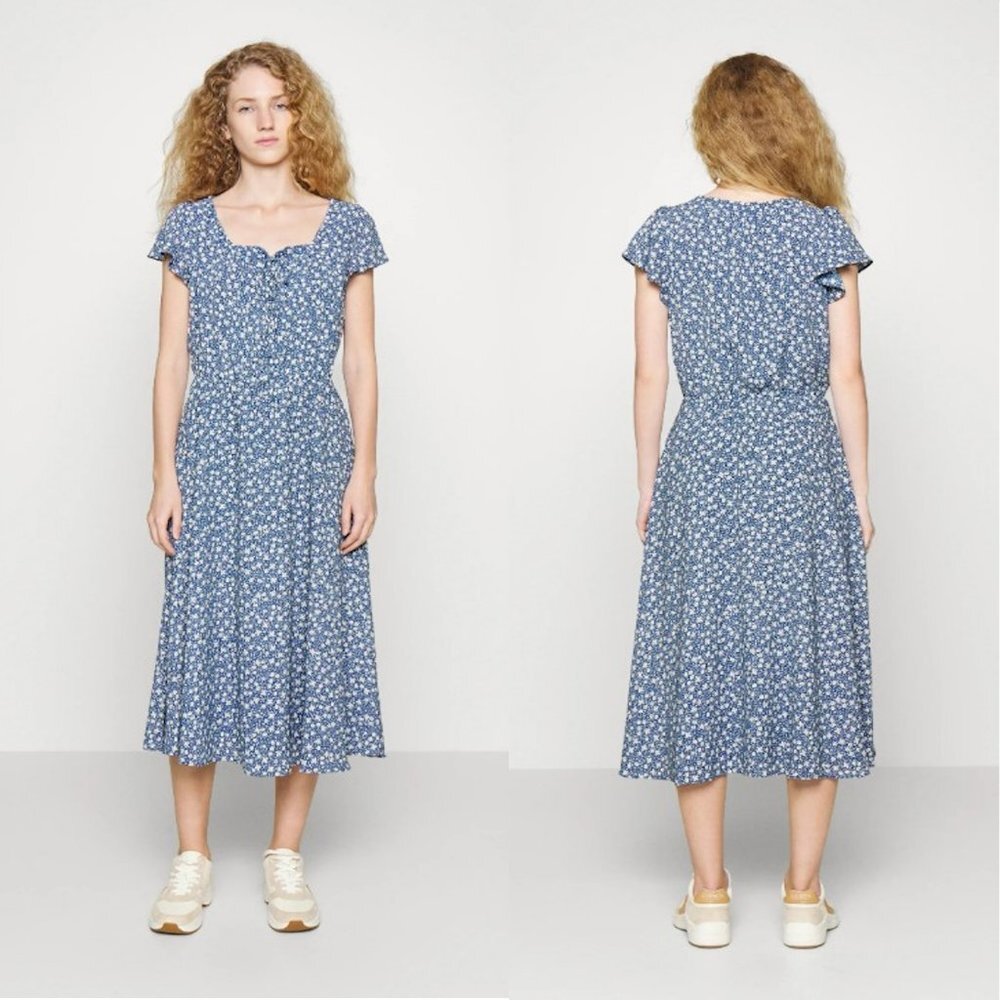 NWT New $185 Ralph Lauren Blue Floral Midi Flutter Sleeve Dress Size 10 Petite